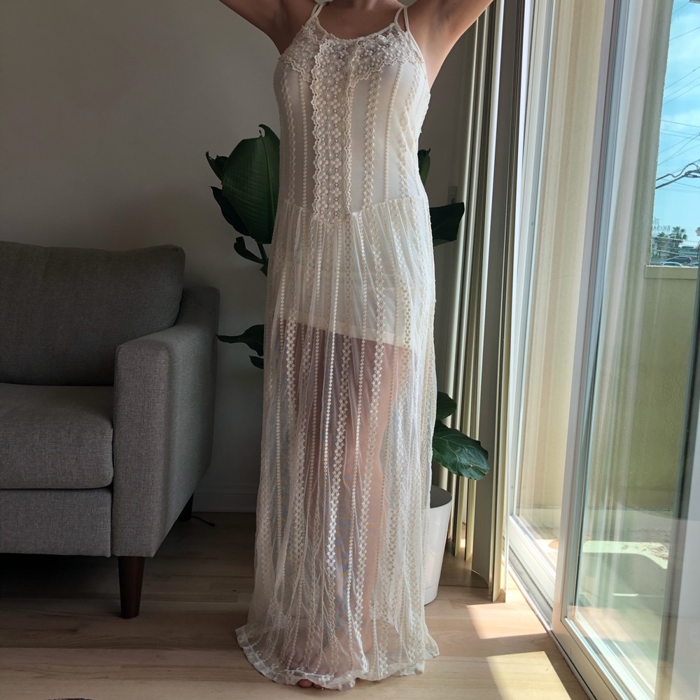 Cream sheer lace maxi dress